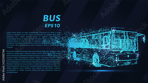 Bus of particles on a dark background. The bus consists of geometric shapes. Vector illustration.