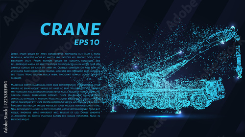 The crane is made of particles on a dark background. The crane consists of geometric shapes. Vector illustration photo
