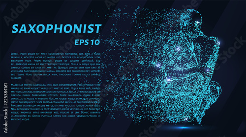 Saxophonist of particles on a dark background. The saxophone is made up of geometric shapes. Vector illustration
