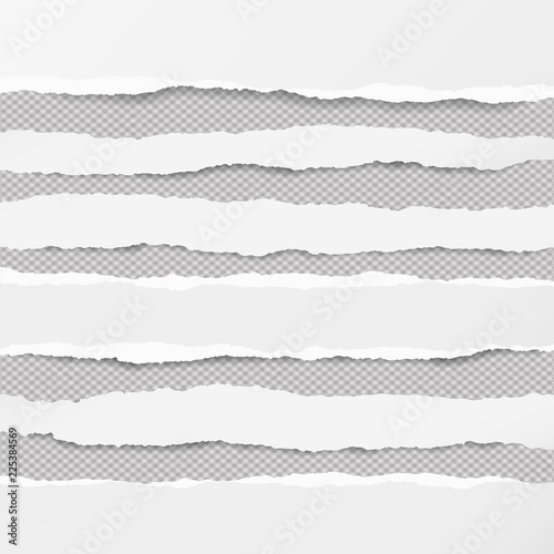 Set of white horizontal ripped paper strips, torn note paper for text or message on gray squared background