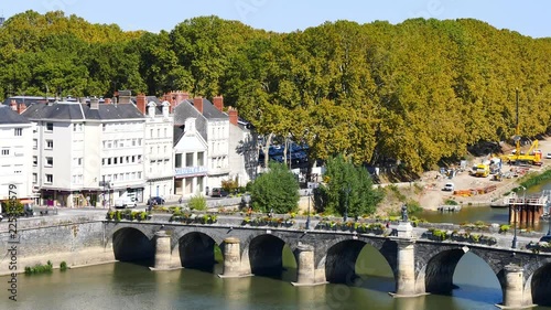 The Verdun bridge in Angers (France) is a masonry vaulted bridge with two traffic lanes for cars and two sidewalks. It is the oldest passage from one side of the Maine to the other. View from above.