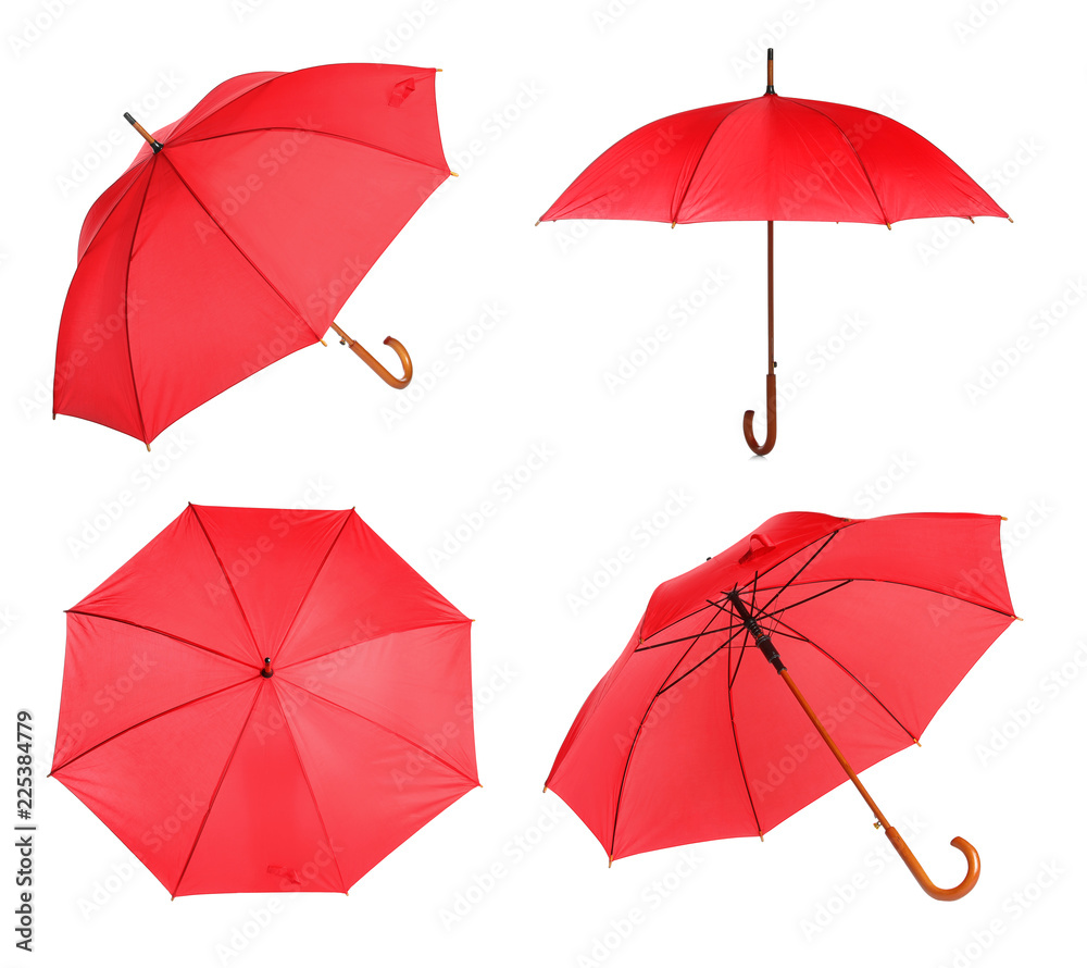 Set with elegant red umbrella from different views on white background