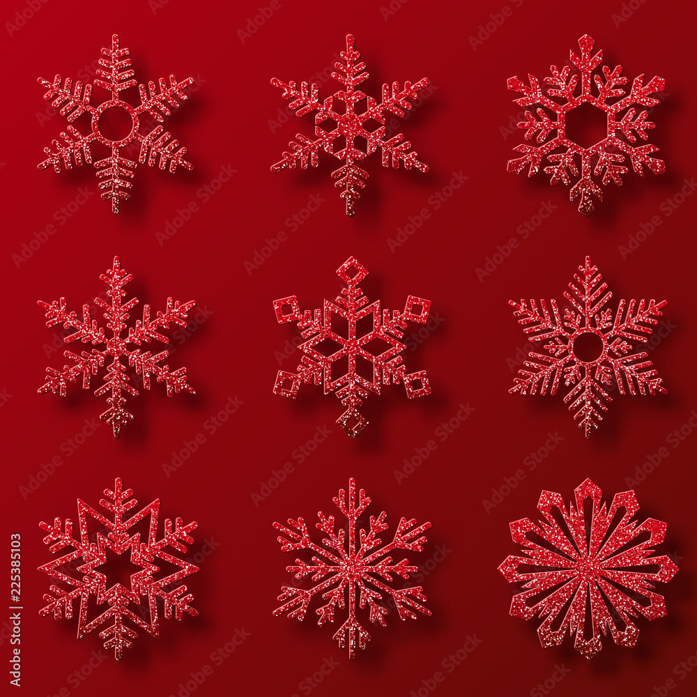 Collection of red glitter snowflakes. Nine snowflakes of different shapes. Winter holidays decoration