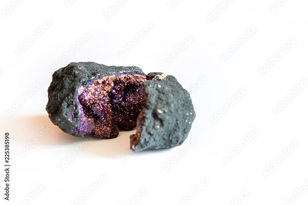 Purple amethyst crystal quartz with pyrite inside isolated on white background Purple amethyst crystal quartz with pyrite inside isolated on white background