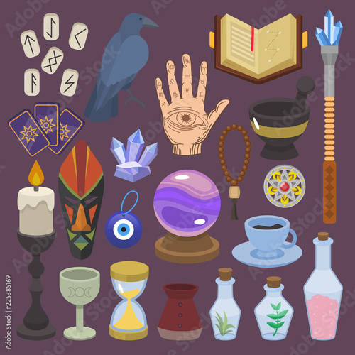 Fortune telling vector fortune-telling or fortunate magic of magician with tarot cards and candles illustration set of astrology or mystical esoteric signs isolated on background