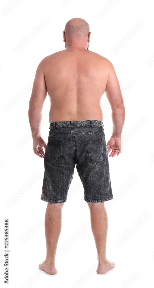 Fat man on white background. Weight loss Fat man on white background. Weight loss