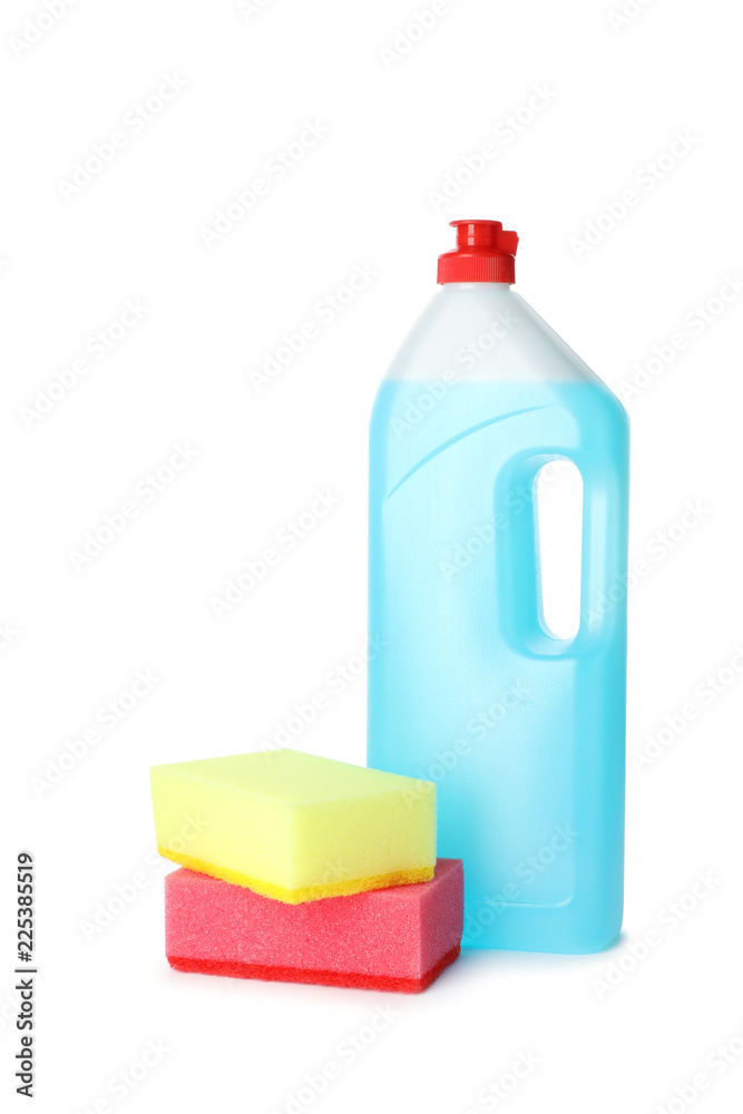 Cleaning product and sponges for dish washing on white background Cleaning product and sponges for dish washing on white background