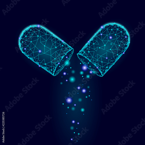 Opened drug capsule medicine business concept. Banner blue glowing medicament prebiotic probiotic ball health care cure illness. Antibiotic vitamin medical nutrition low poly vector illustration