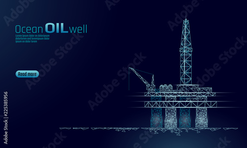 Ocean oil gas drilling rig low poly business concept. Finance economy polygonal petrol production. Petroleum fuel industry offshore extraction derricks line connection dots blue vector illustration photo