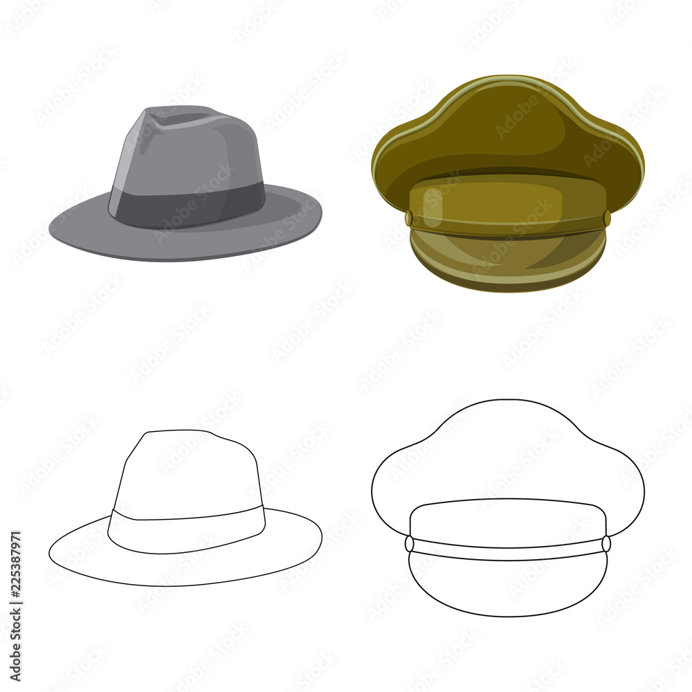 Vector design of headgear and cap logo. Set of headgear and accessory stock vector illustration.