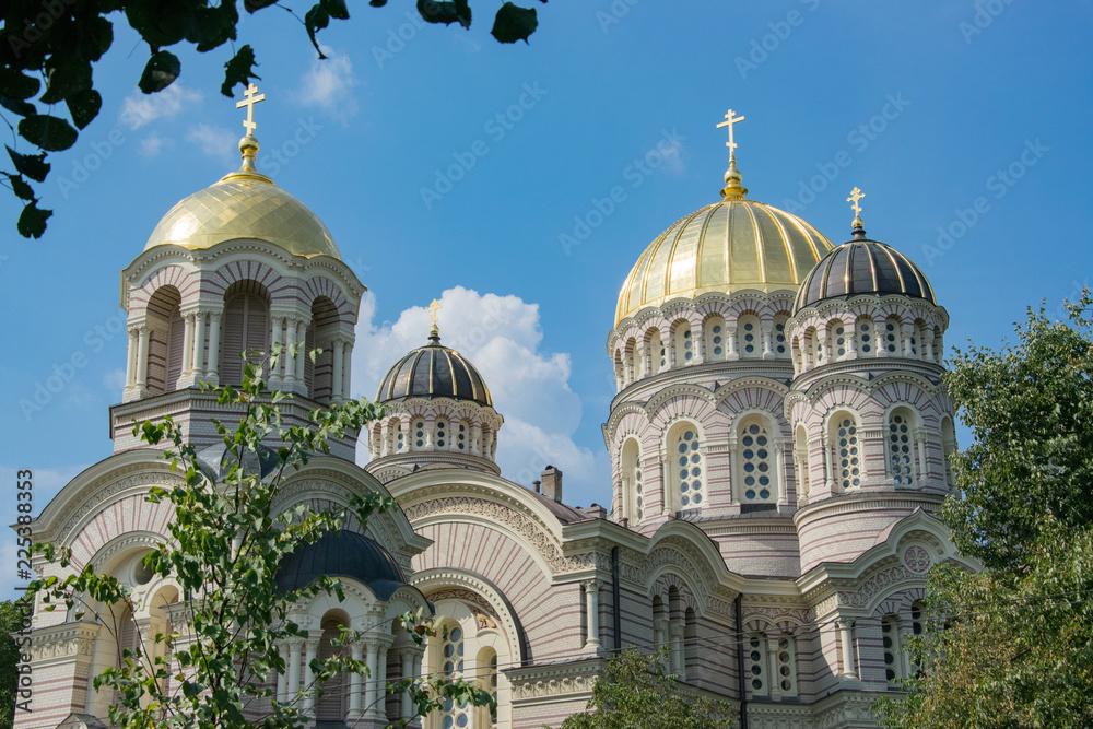 View of the dome of the Orthodox Cathedral in Riga, Latvia. The Cathedral of the Nativity of Christ is the cathedral church of the Latvian Orthodox Church.