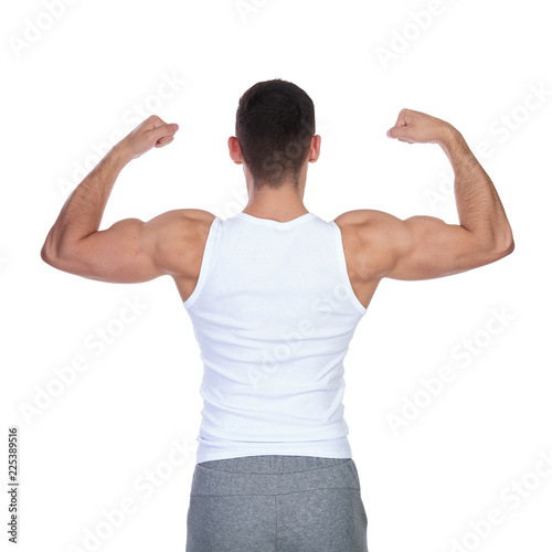 back view of strong man in undershirt flexing his biceps
