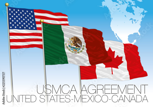 USMCA Agreement 2018 flags, United States, Mexico, Canada, vector illustration with map