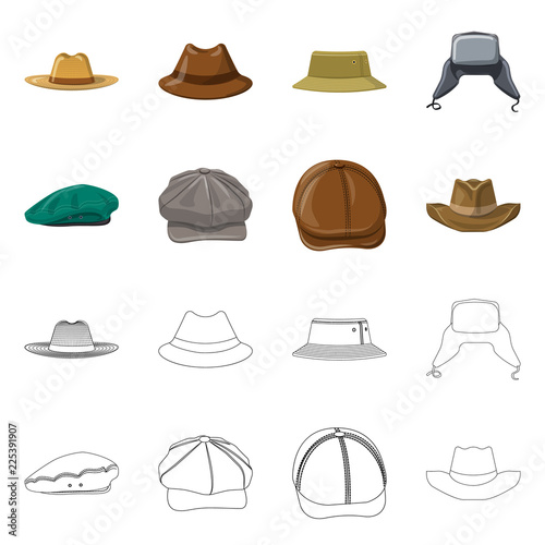 Vector illustration of headgear and cap sign. Collection of headgear and accessory stock symbol for web.