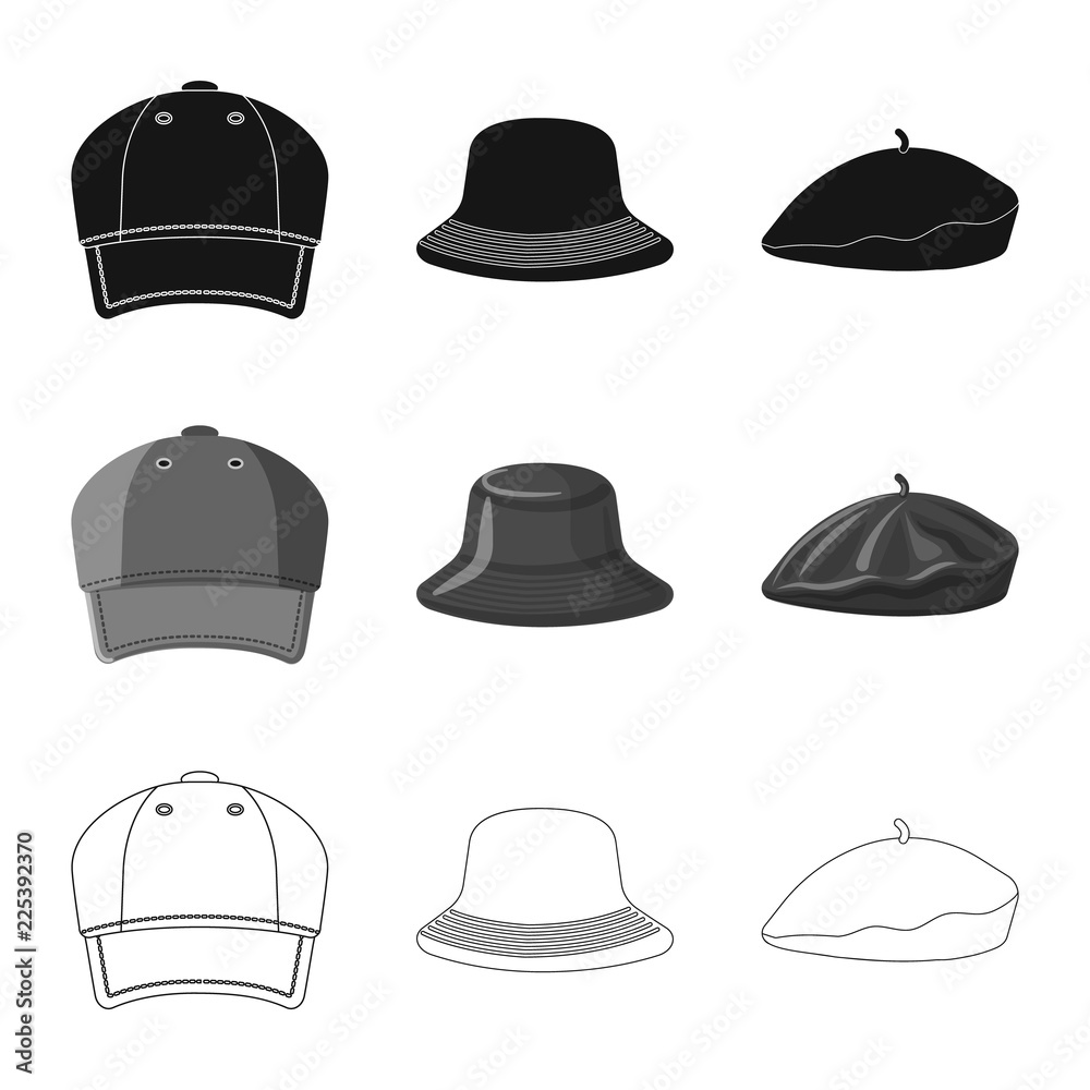 Vector design of headgear and cap symbol. Collection of headgear and accessory vector icon for stock. Vector design of headgear and cap symbol. Collection of headgear and accessory vector icon for stock.