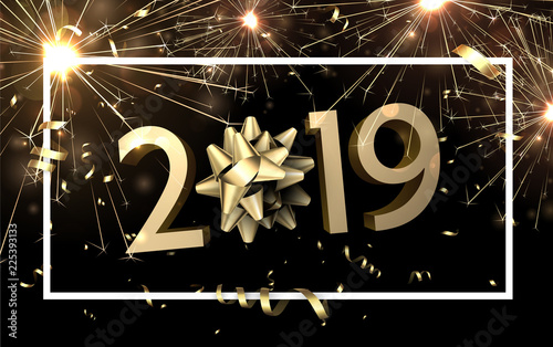 New Year 2019 background with golden bow and firework.