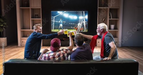 Group of fans are watching a soccer moment on the TV and celebrating a goal, sitting on the couch in the living room. © haizon