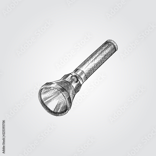 Hand Drawn Flashlight Sketch Symbol isolated on white background. Vector camping elements art highly detailed In Sketch Style. Sketched Flashlight vector illustration.