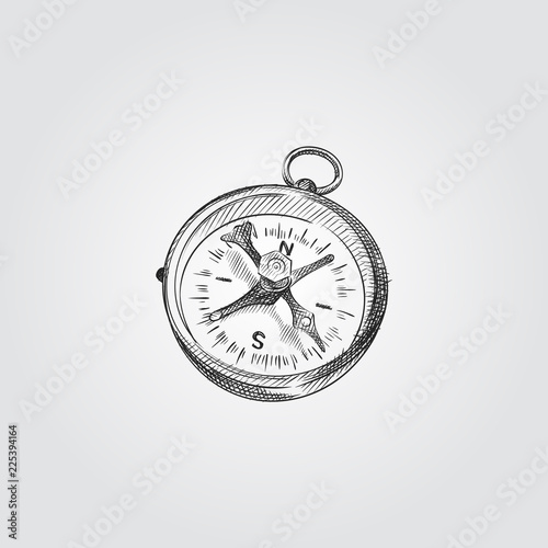 Hand Drawn Compass Sketch Symbol isolated on white background. Vector camping elements art highly detailed In Sketch Style. Sketched compass vector illustration.
