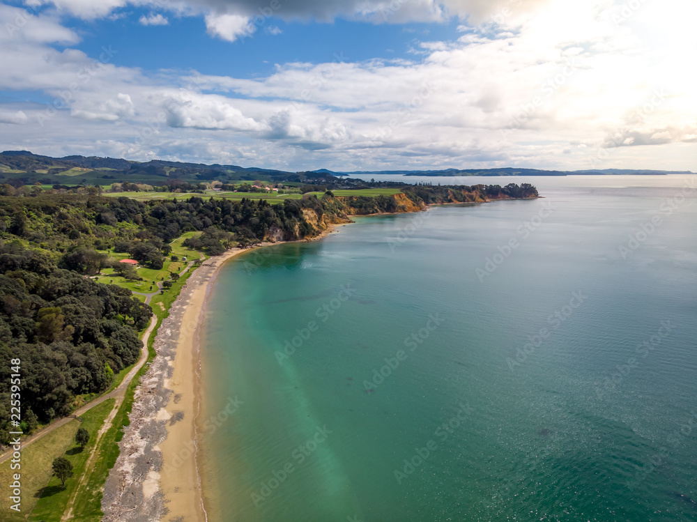 Drone arial view of a sandy beach on the Coromandel Peninsula