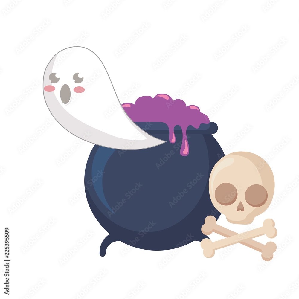 Obraz premium halloween ghost with cauldron and skull