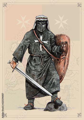 Knight of the Order of Saint John, XIIc. Middle Ages Knight hospitaller Illustration. photo