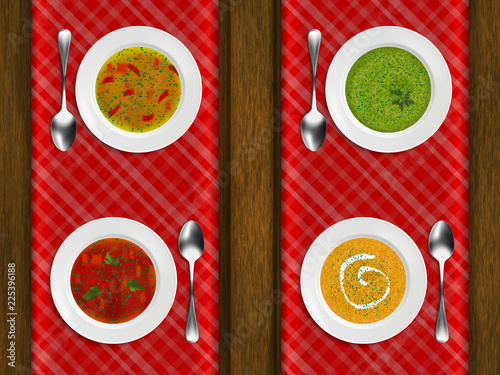 Porcelain plates with different soups on a tablecloth on a wooden table. The table in the restaurant. Realistic style. Vector illustration.