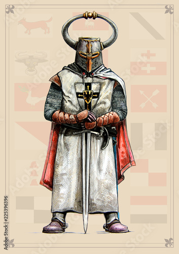 Medieval  knight,  Grand Masters of the Teutonic Order,  XIIIc. Historical illustration.
