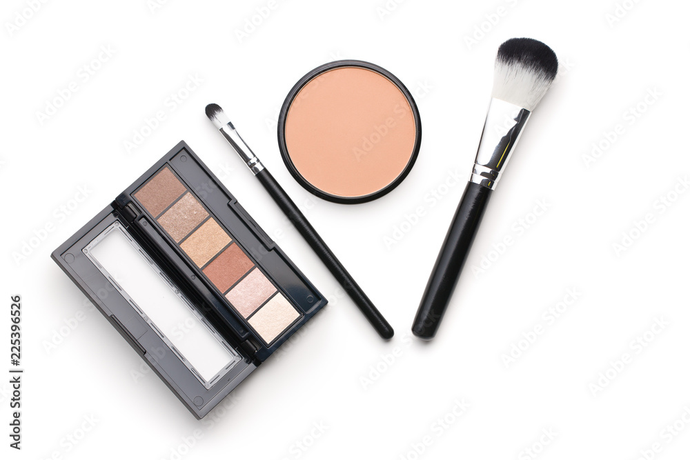 The makeup products. Brush and eyeshadow powder. - obrazy, fototapety, plakaty 