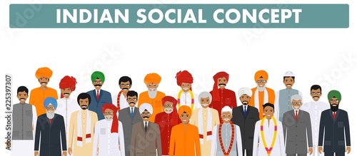 Family and social concept. Group young and senior indian people standing together in different traditional clothes on white background in flat style. Vector illustration.