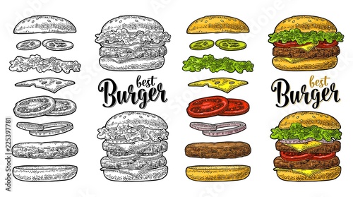 Burger with flying ingredients on white background. Vector black vintage engraving