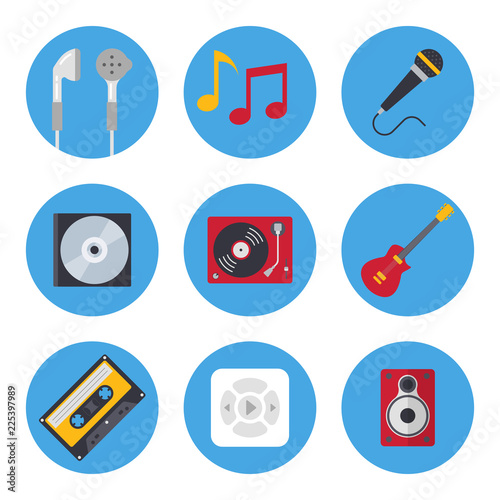Set of music elements icons in flat style on blue background. Collection of headphones, notes, Microphone, Disk, Vinyl record player, Guitar, Audio cassette, security checkpoint vector illustration