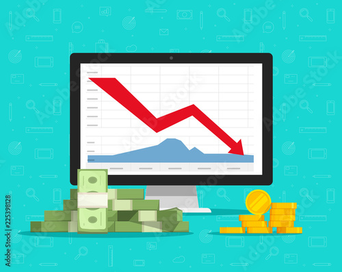 Loss money on computer stocks graphs, vector illustration, flat cartoon pc and cash charts down arrow on screen, concept of unsuccessful financial trading, bad revenue or economy budget fail