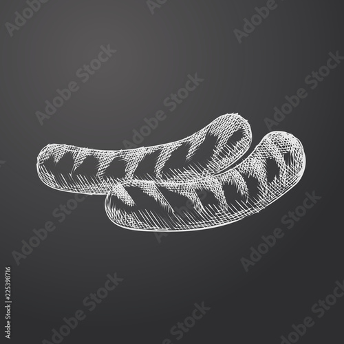 Hand Drawn Grilled Sausages Sketch Symbol isolated on chalkboard. Vector Barbecue Element In Trendy Style