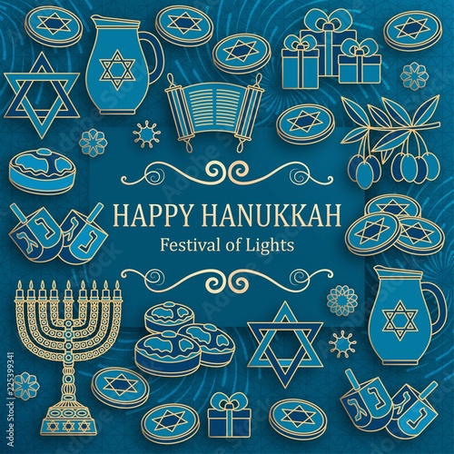 Hanukkah greeting card with Torah, menorah and dreidels. Place for your text. Vector illustration.