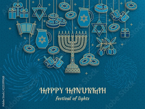 Hanukkah greeting card with Torah, menorah and dreidels. Place for your text. Vector illustration.