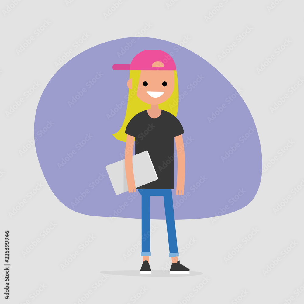 Young female character holding a laptop. Modern office worker. Millennial. Lifestyle. FLat editable vector illustration, clip art Young female character holding a laptop. Modern office worker. Millennial. Lifestyle. FLat editable vector illustration, clip art