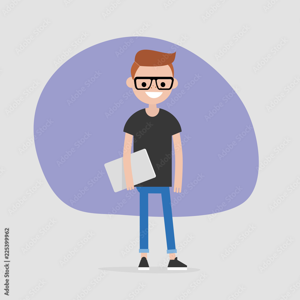 Young male character holding a laptop. Modern office worker. Millennial. Lifestyle. FLat editable vector illustration, clip art