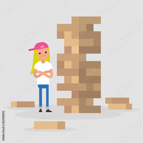 Young female character taking turn removing a block from a tower constructed of wooden bricks. Strategic thinking. Flat editable vector illustration, clip art