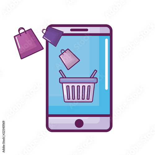 smartphone with shopping bags and basket