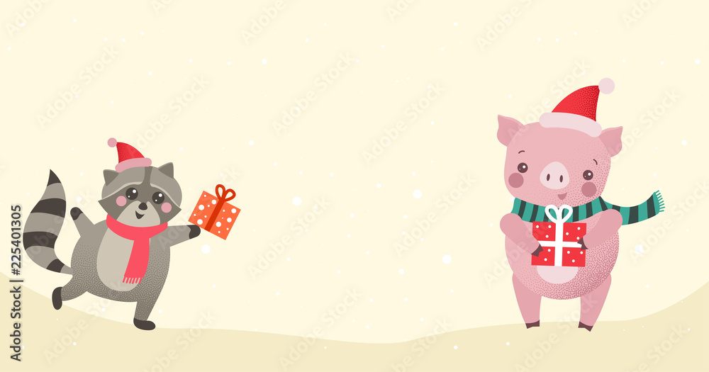 Christmas or New Year background with cute cartoon animals with gifts. Christmas or New Year background with cute cartoon animals with gifts.
