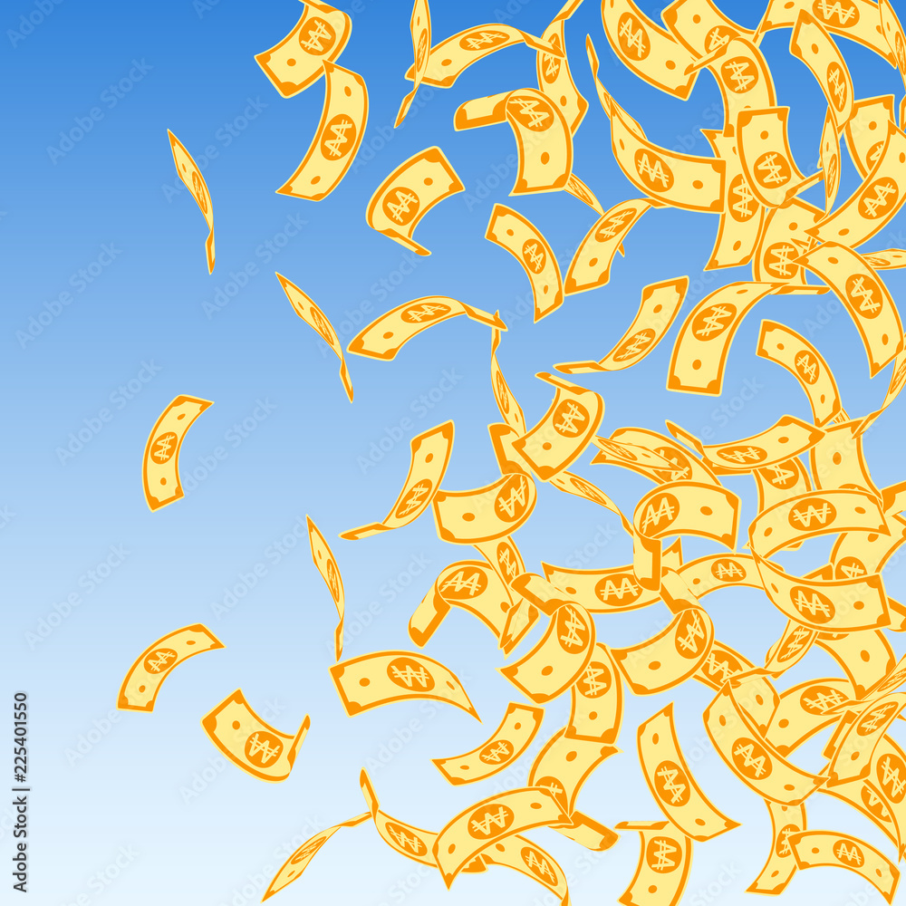 Obraz premium Korean won notes falling. Floating WON bills on blue sky background. Korea money. Dazzling vector il