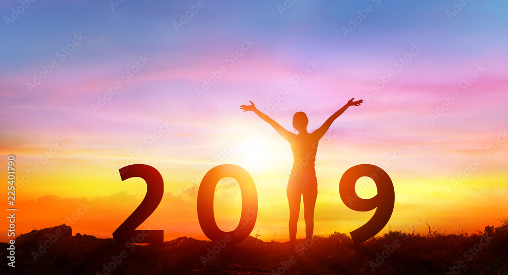 Happy New Year 2019 - Happy Girl With Numbers At Sunrise
 - obrazy, fototapety, plakaty 