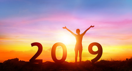 Happy New Year 2019 - Happy Girl With Numbers At Sunrise
