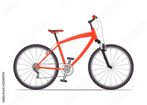 Modern city or mountain bike with V-brakes. Multi-speed bicycle for adults. Vector flat illustration, isolated on white.