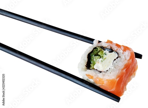 Black Wooden Chopsticks with Uramaki Sushi - Isolated