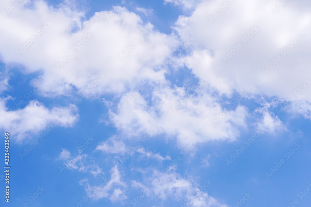 The vast blue sky with large group of fluffy clouds in sunny day of summer, peaceful skies background