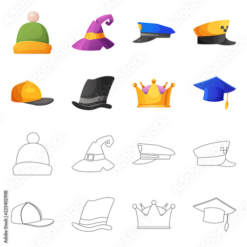 Vector design of headgear and cap symbol. Collection of headgear and accessory vector icon for stock.