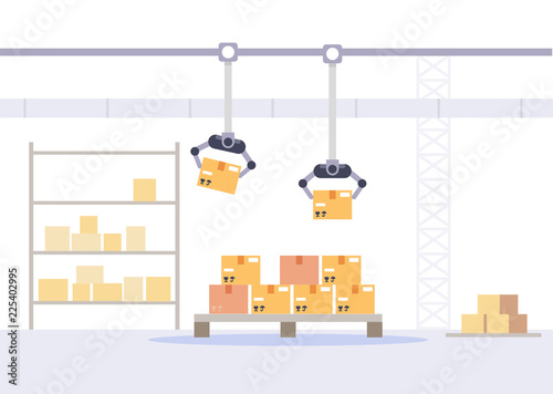 Factory packing and store concept. Warehouse with boxes flat vector illustration.