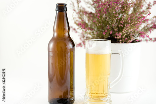 beer bottles with glass vase and plant on white background